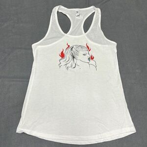Pin-up Girl with Flames Women’s White Tank Top Size Large